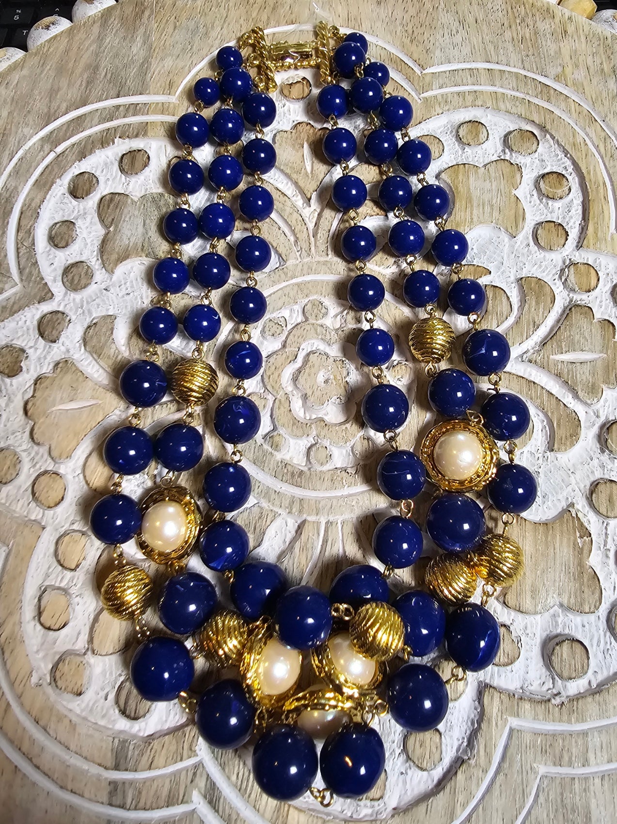 Vintage - Marvella 3-Tier Blue and Gold Choker