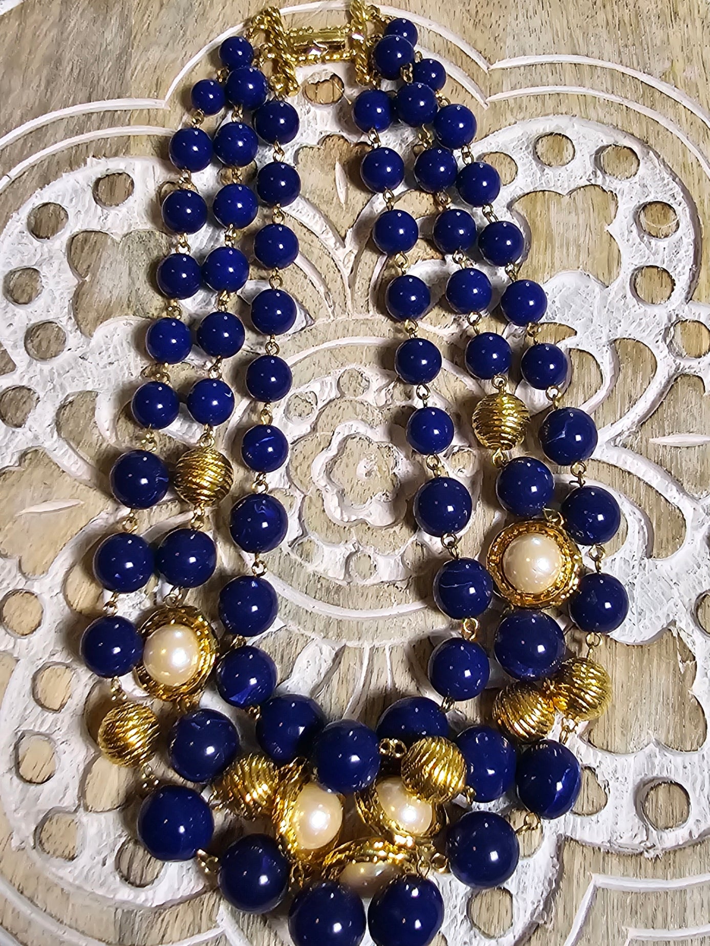 Vintage - Marvella 3-Tier Blue and Gold Choker