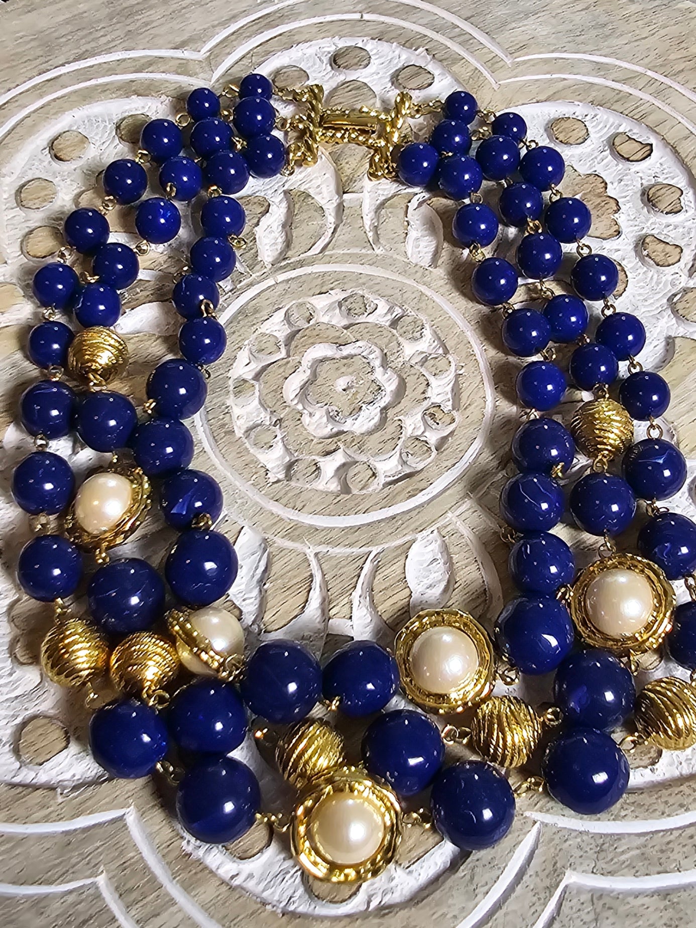 Vintage - Marvella 3-Tier Blue and Gold Choker