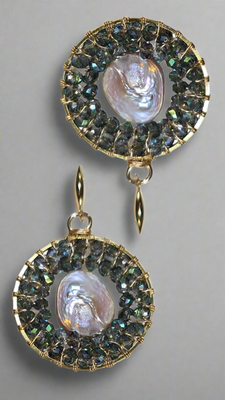 Hand-Wired Pearl & Green Crystal Round Earrings
