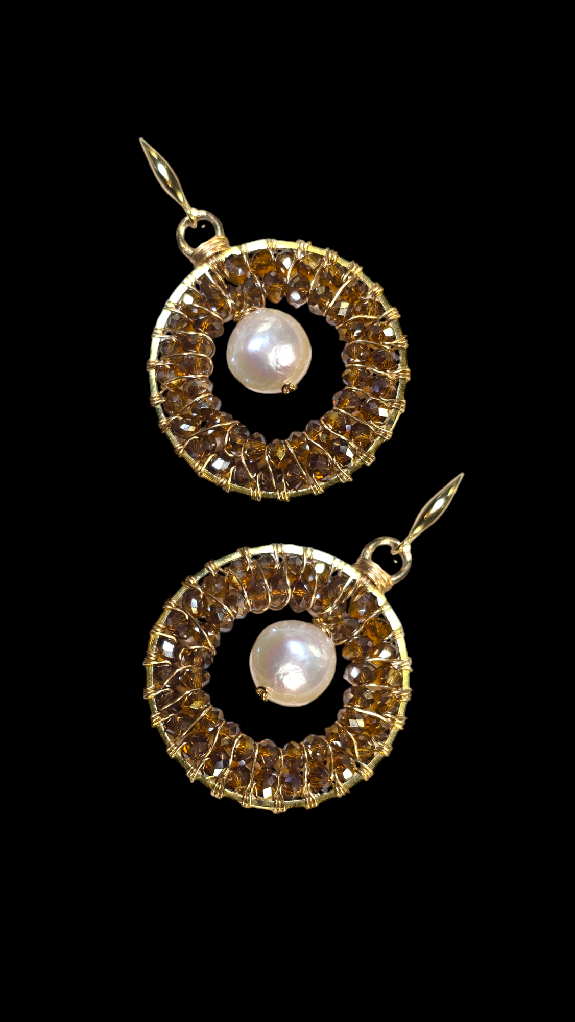 Hand-Wired Pearl & Crystal Round Earrings