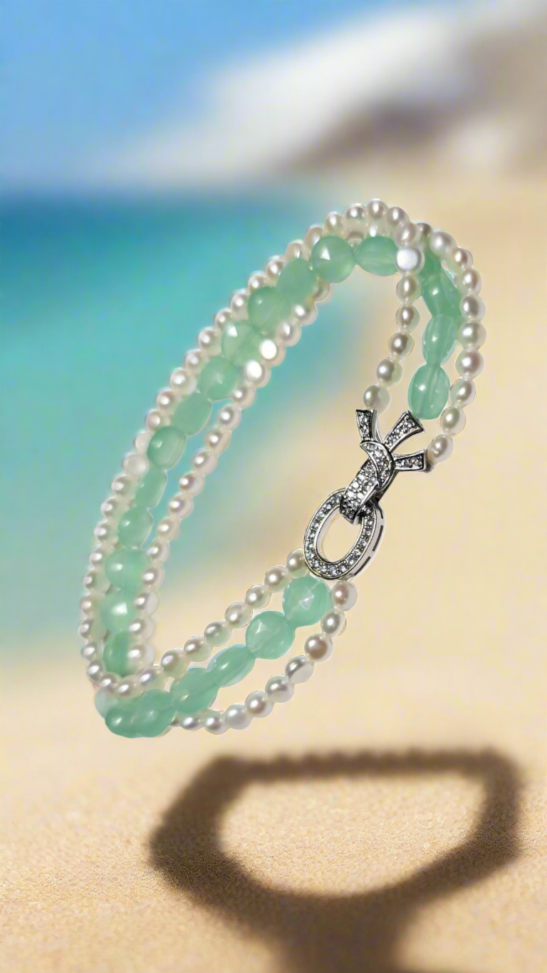 Aqua Blue Chalcedony & Pearl Bracelet
