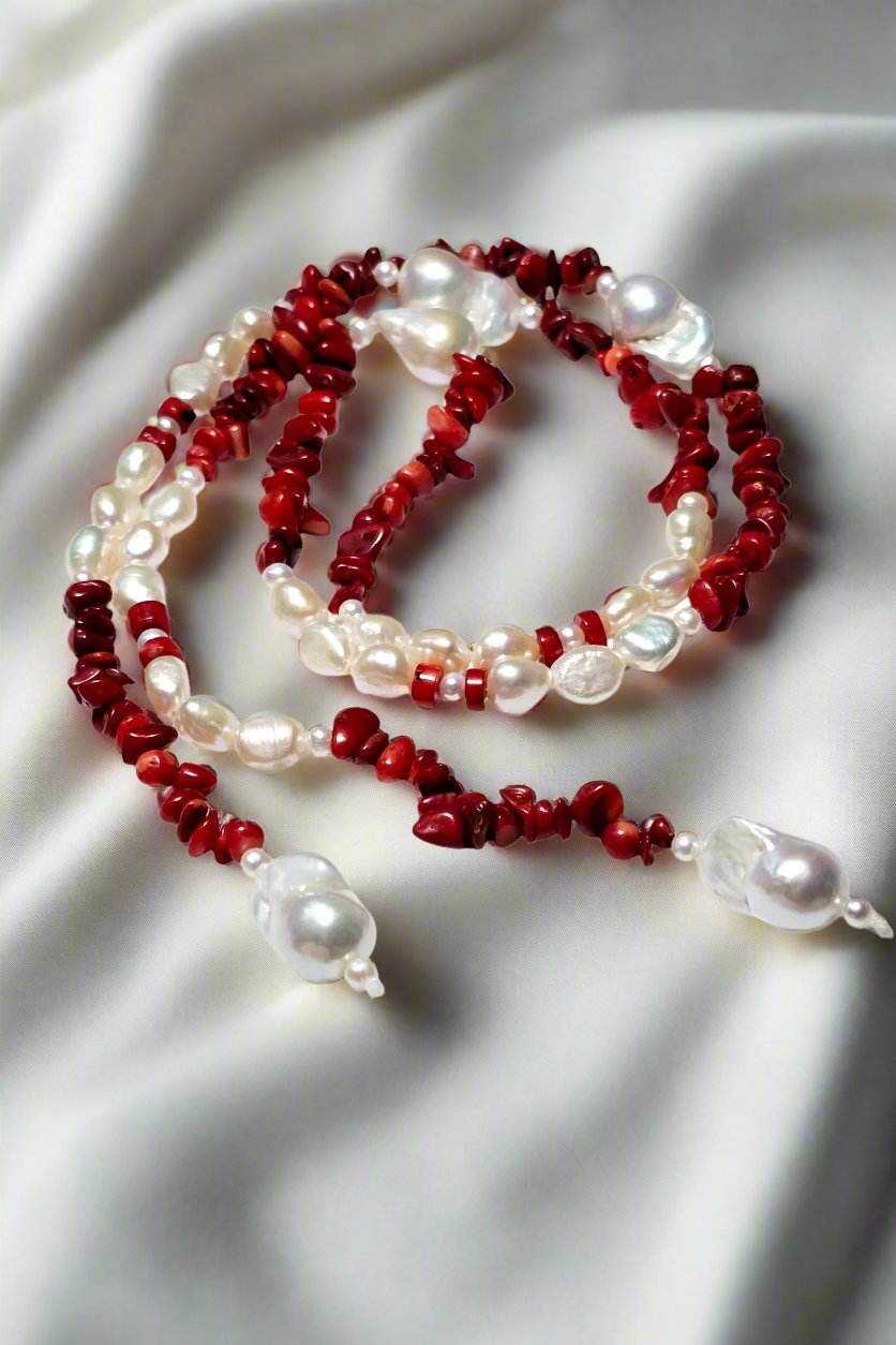Baroque, Red Coral, & Round Pearl Necklace