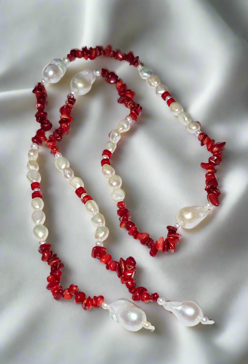 Baroque, Red Coral, & Round Pearl Necklace