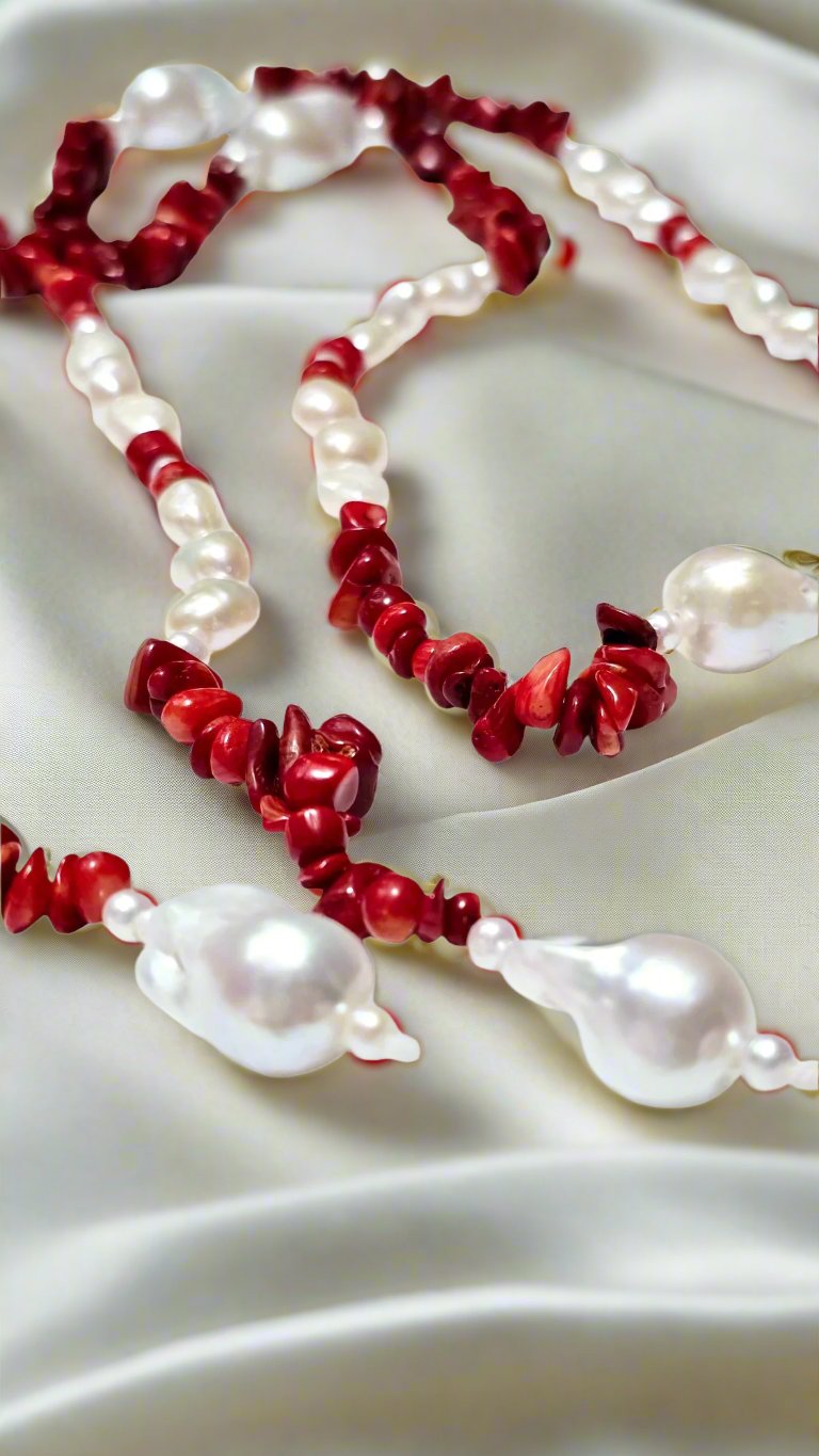 Baroque, Red Coral, & Round Pearl Necklace