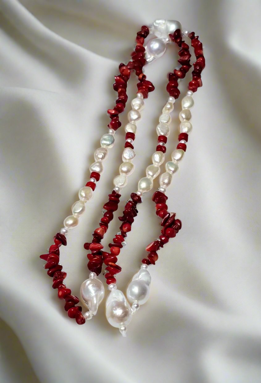 Baroque, Red Coral, & Round Pearl Necklace