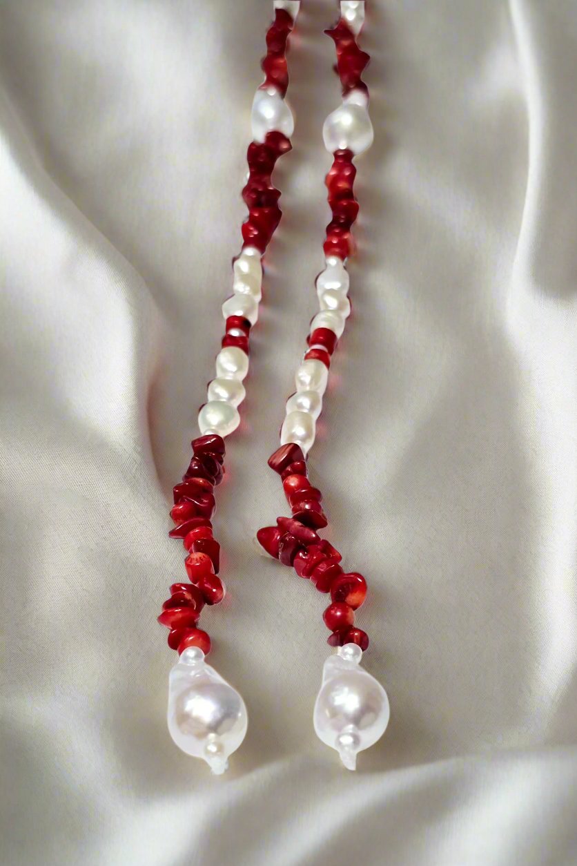 Baroque, Red Coral, & Round Pearl Necklace