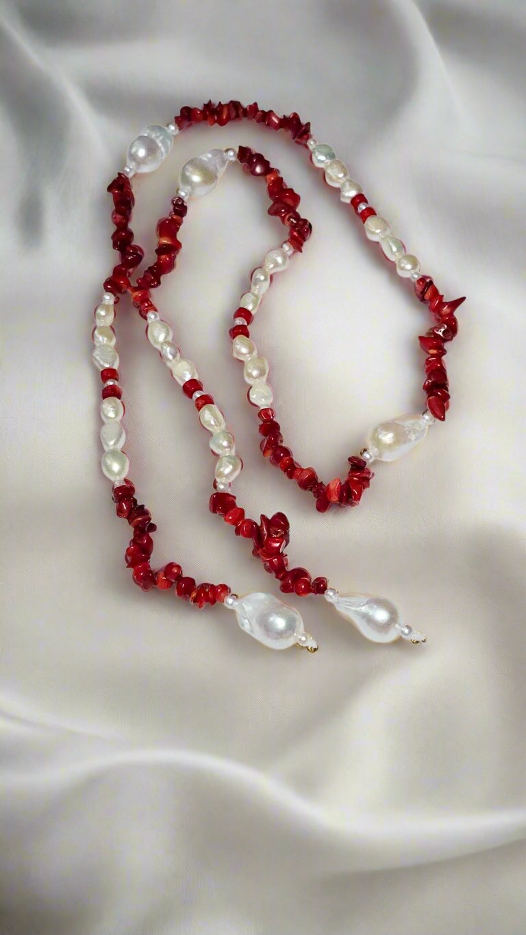 Baroque, Red Coral, & Round Pearl Necklace