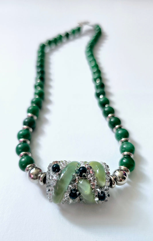 Green Jade &  Blown Glass Focal Piece Necklace