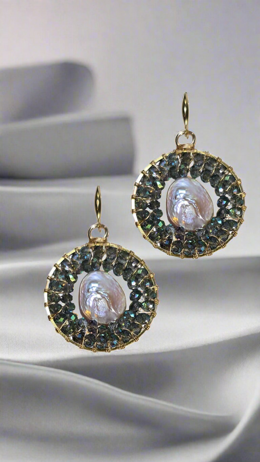 Hand-Wired Pearl & Green Crystal Round Earrings