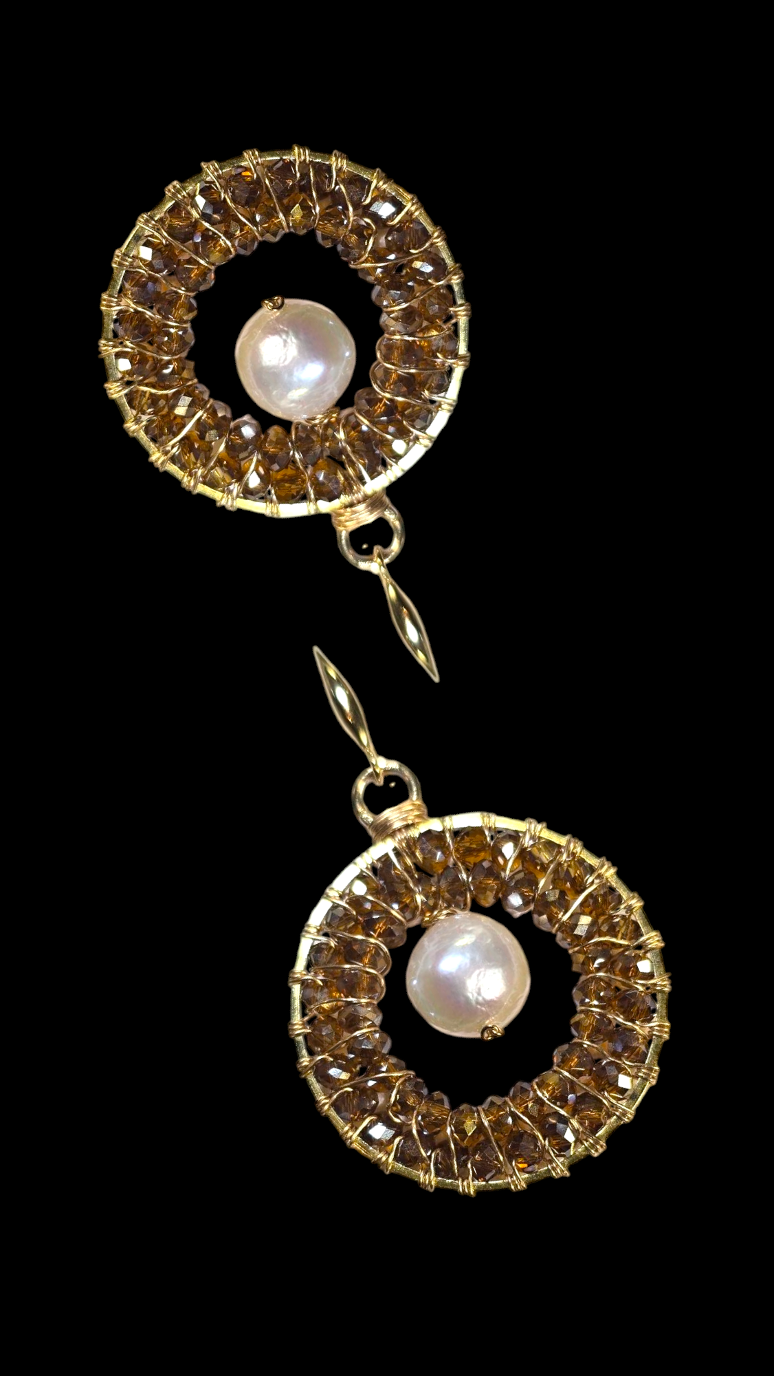 Hand-Wired Pearl & Crystal Round Earrings