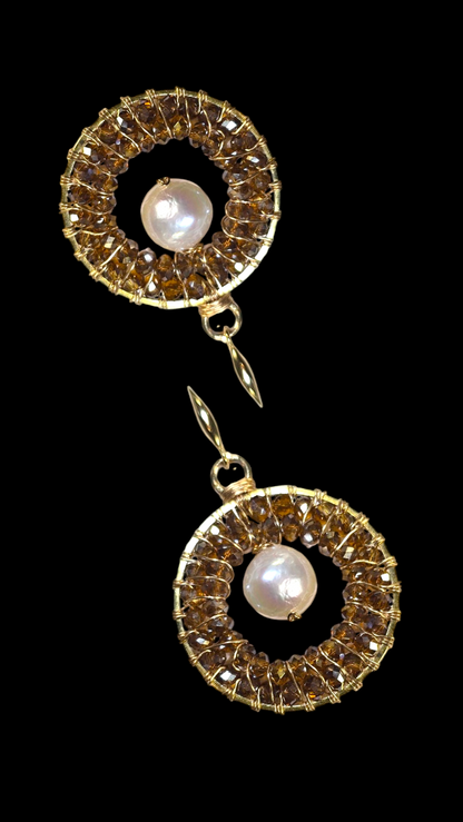 Hand-Wired Pearl & Crystal Round Earrings