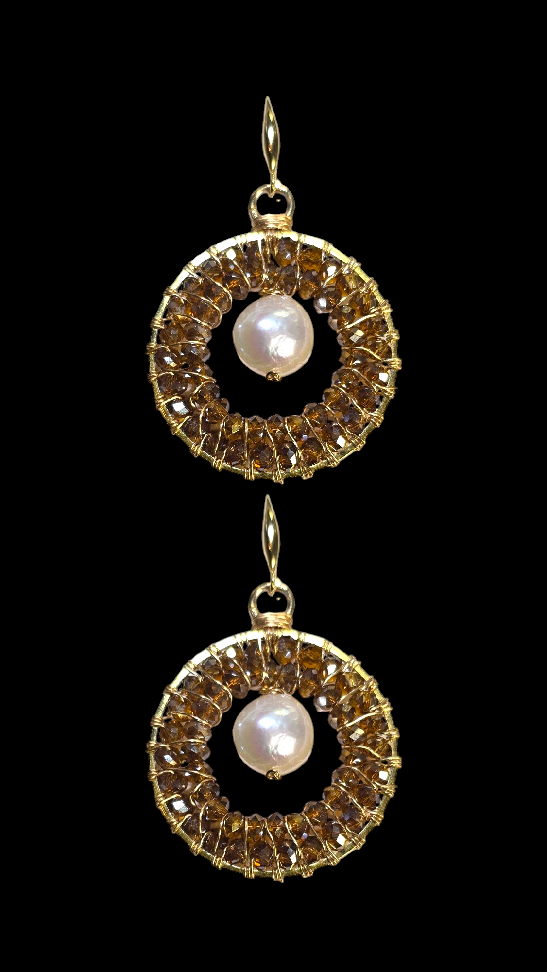 Hand-Wired Pearl & Crystal Round Earrings