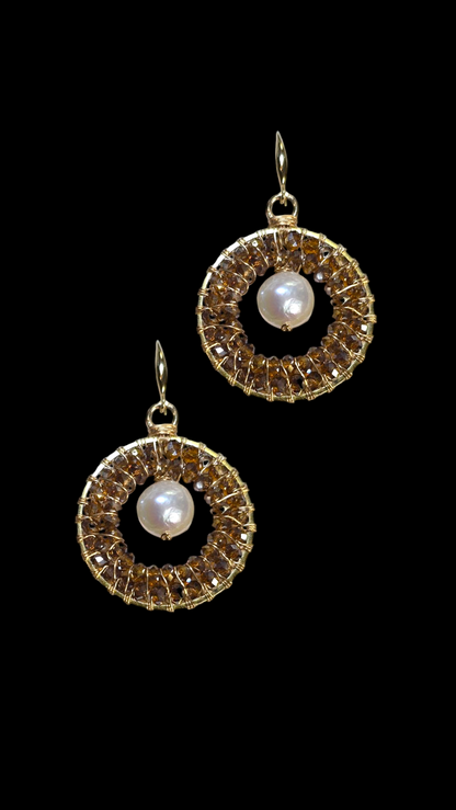 Hand-Wired Pearl & Crystal Round Earrings