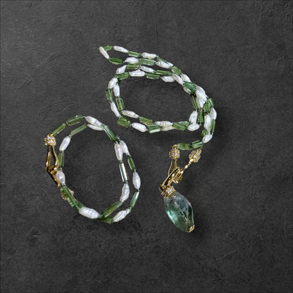 Tourmaline and Rice Pearl Necklace Set