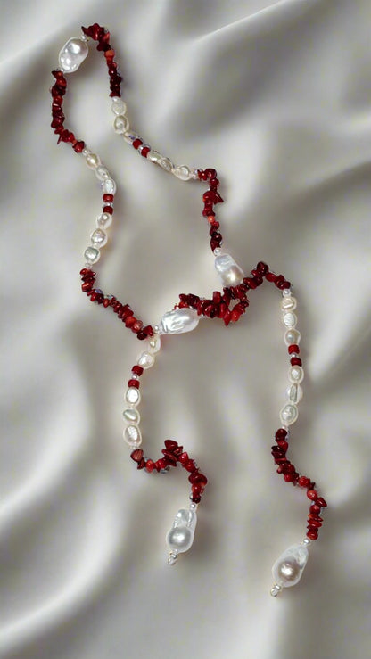 Baroque, Red Coral, & Round Pearl Necklace