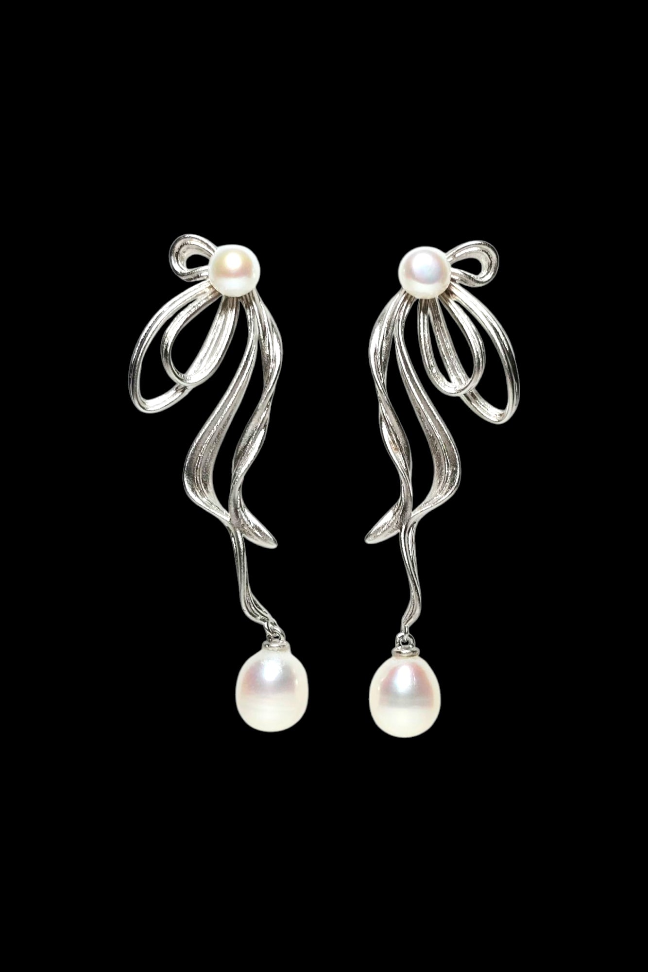 Sterling Silver Ribbon Pearl Earrings