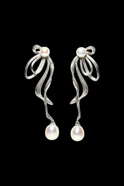 Sterling Silver Ribbon Pearl Earrings