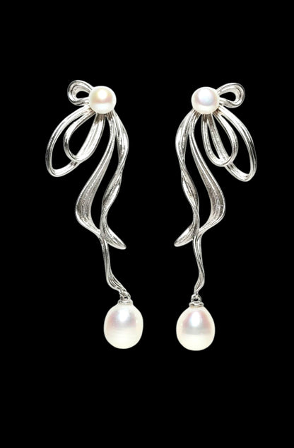 Sterling Silver Ribbon Pearl Earrings